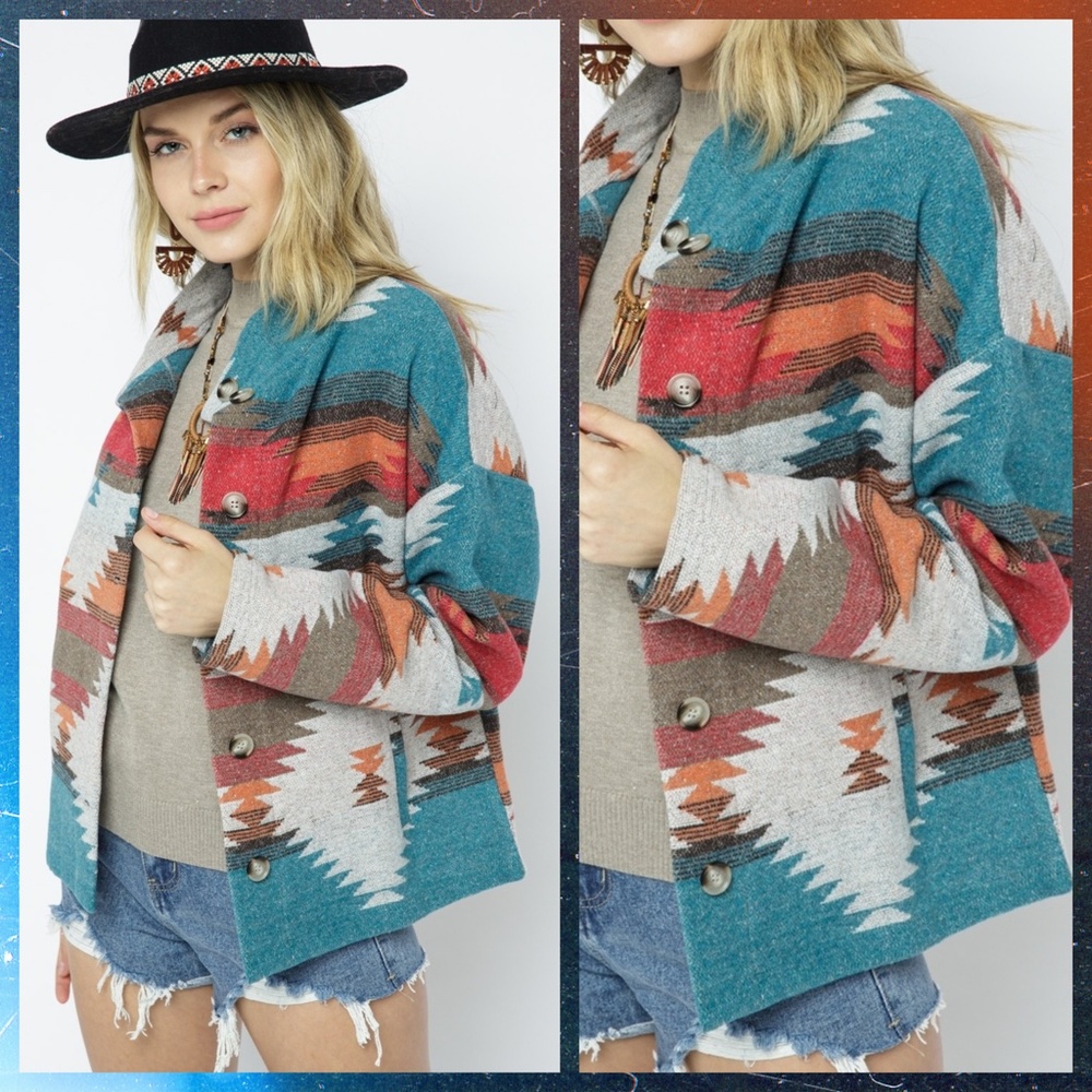 LUX BRAND Aztec Print Button Up Soft & Cozy Jacket W/Stand-Up Collar & Pockets - Picture 6 of 16